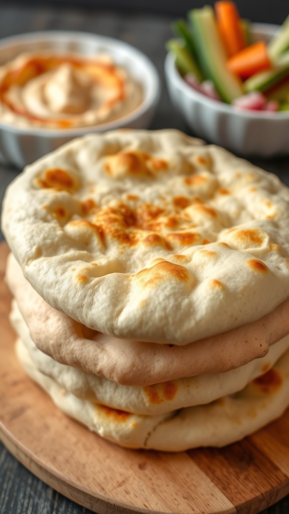Freshly baked no-yeast pita bread stacked on a wooden board with hummus and vegetables.